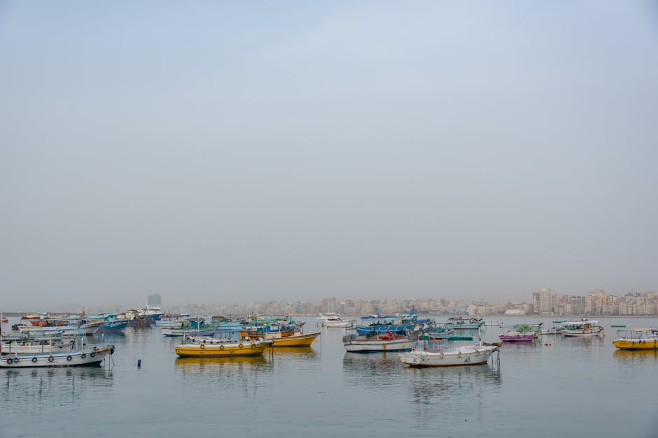 Cityscape with colorful boats anchored in a calm misty harbor.