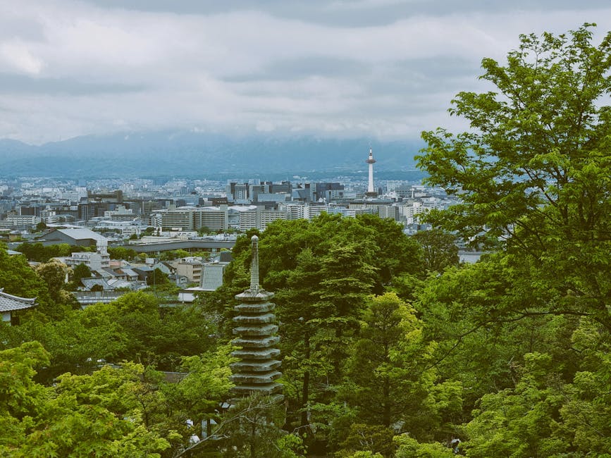 Scenic cityscape view from a pagoda in Kyoto with lush greenery and Kyoto Tower.