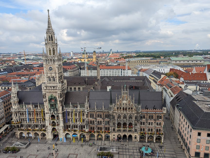 Stunning aerial view of Marienplatz, Munich's iconic square, showcasing its historic architecture.