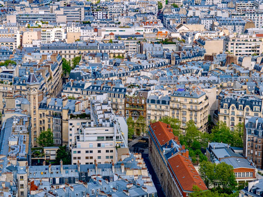 Stunning aerial view of Paris showcasing iconic architecture and urban landscape. Perfect for travel and cityscape themes.