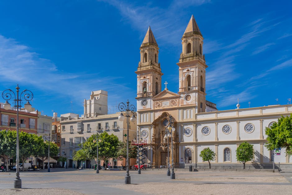 Scenic view of Cádiz Cathedral on a sunny day at Plaza de San Antonio, Cádiz, Spain.