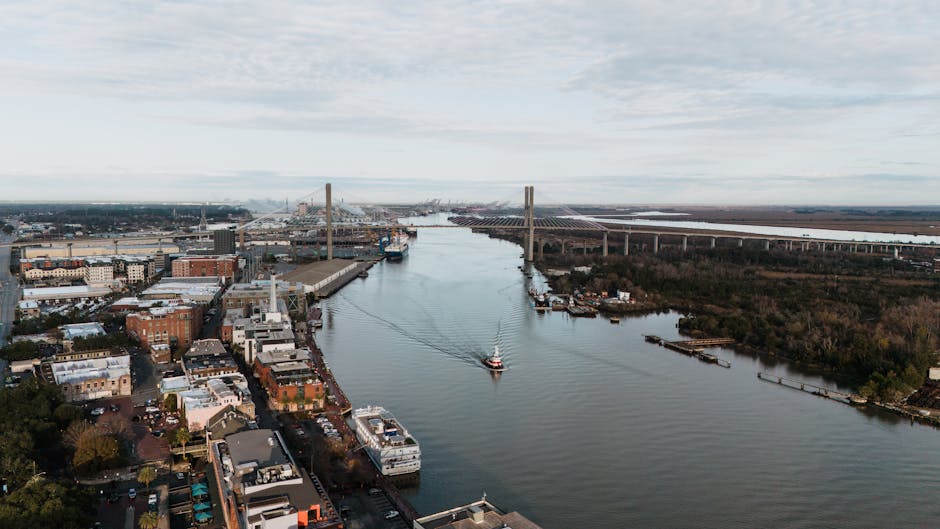 Scenic aerial view of Savannah River and Talmadge Memorial Bridge in Georgia, USA.