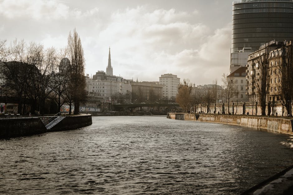 Peaceful view of Vienna's Danube Canal with historic architecture in the background.